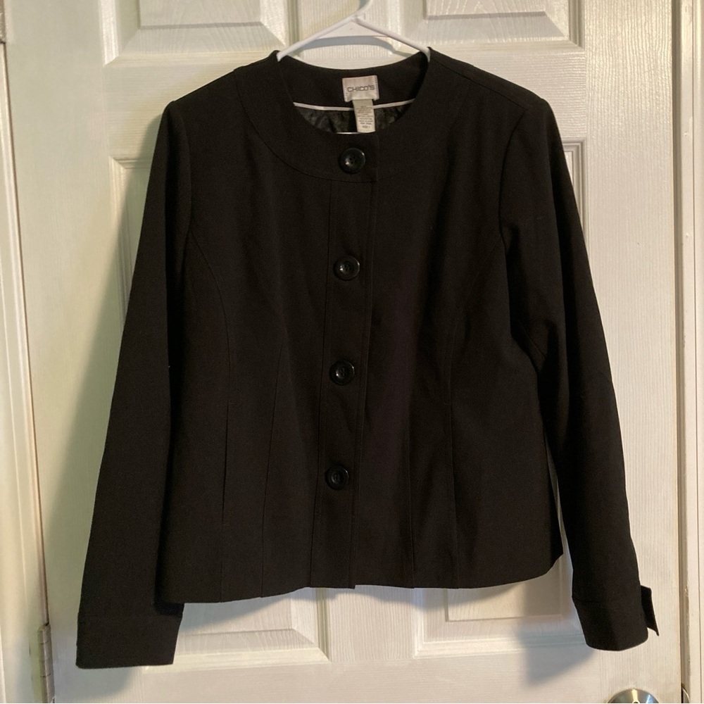 Chico’s size 1 black button-up jacket with paisley interior lining fabric